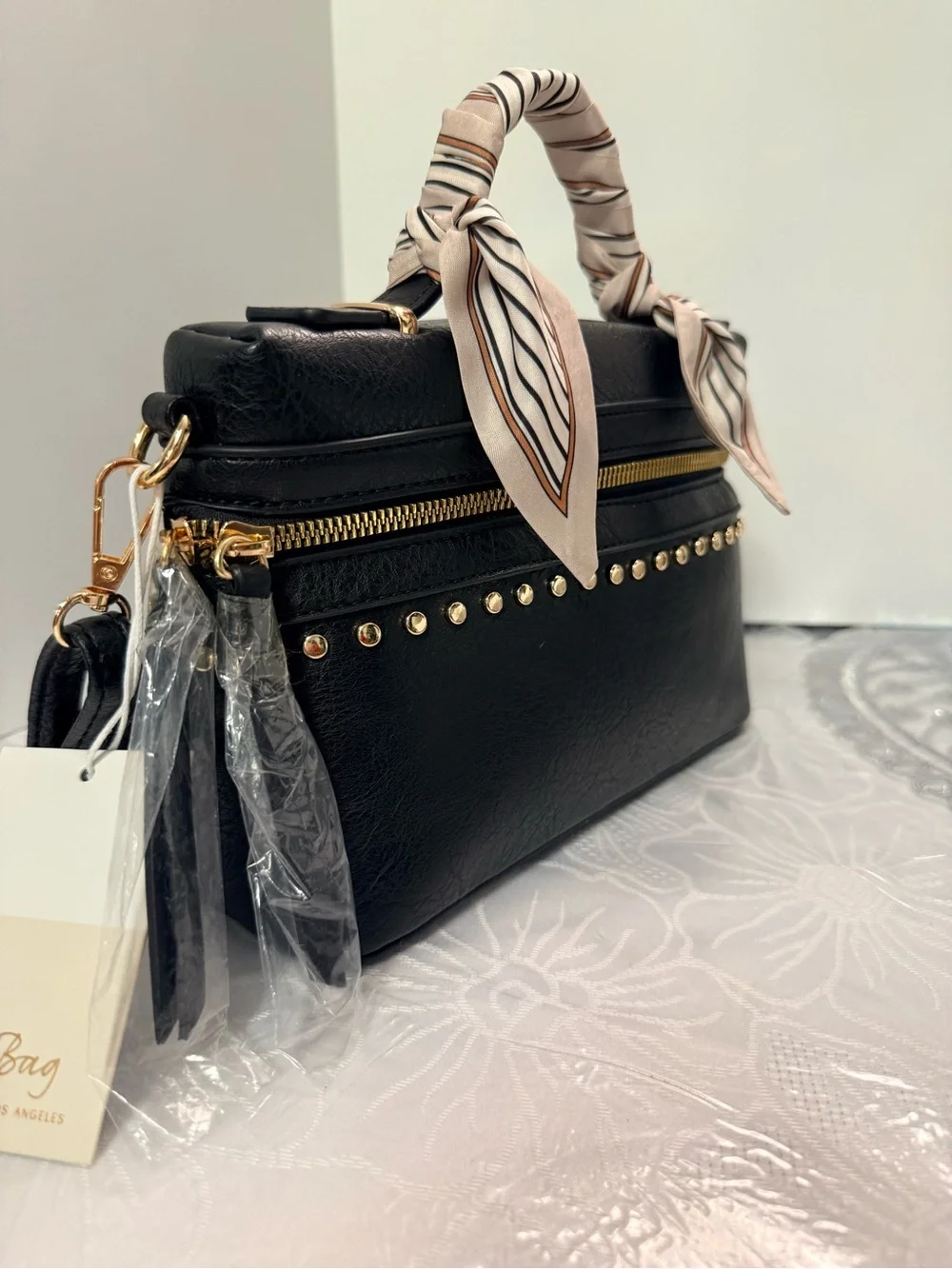 Black Studded faux  Leather Satchel with Scarf-Wrapped Handle